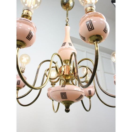 Image 1 of Mid Century kroonluchter van messing en glas