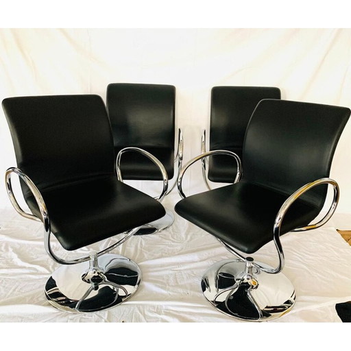 Set van 4 vintage leren en roestvrijstalen draaifauteuils van Tonon
