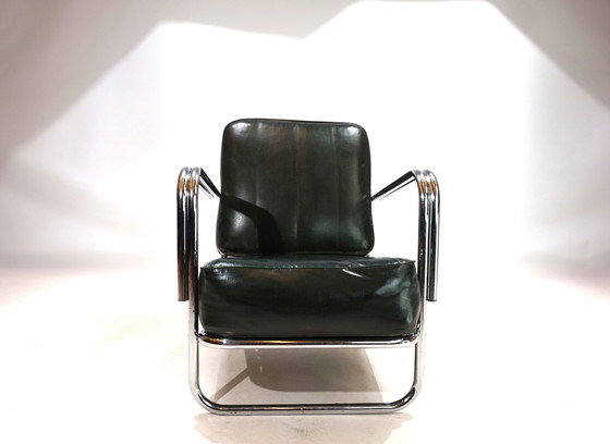 Image 1 of Art Deco Buisvormige Stalen Fauteuil In De Stijl Van Gilbert Rhode Troy Zonnescherm, 1930
