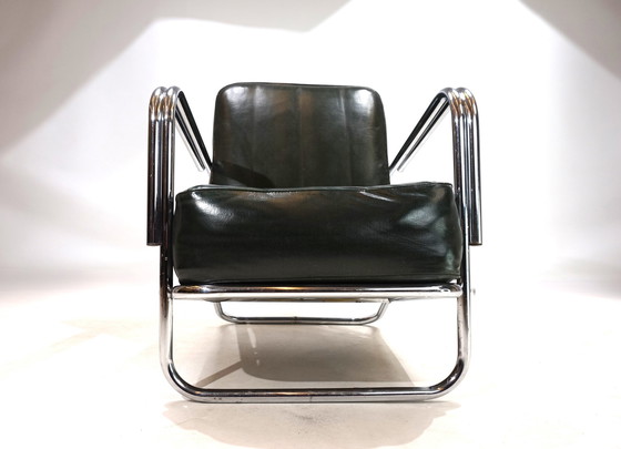 Image 1 of Art Deco Buisvormige Stalen Fauteuil In De Stijl Van Gilbert Rhode Troy Zonnescherm, 1930