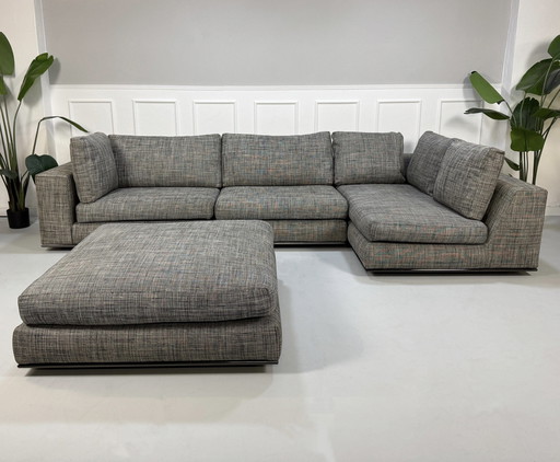 Minotti Hamilton Sofa Stof Grijs Hoekbank + Voetenbankje