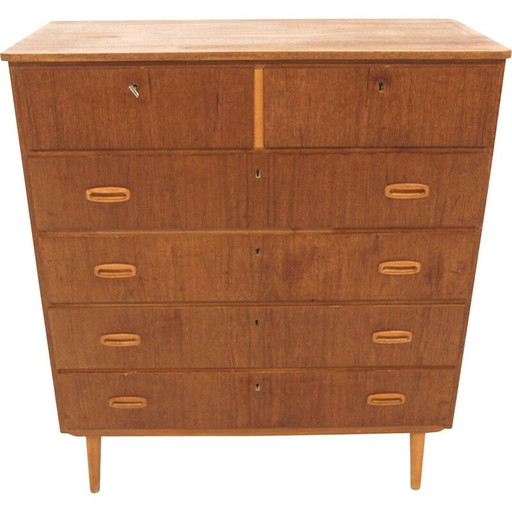 Vintage "tallboy" ladekast in teak en beuken, Zweden 1950