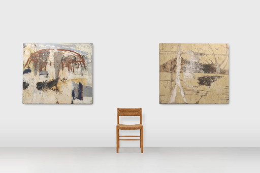 Set van 2 abstracte schilderijen getiteld "Fyrhat" door de Belgische kunstenaar Nico de Guchtenaere