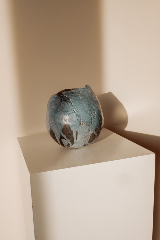 Image 1 of Handgemaakte Vintage Blauwe Keramieken Vaas