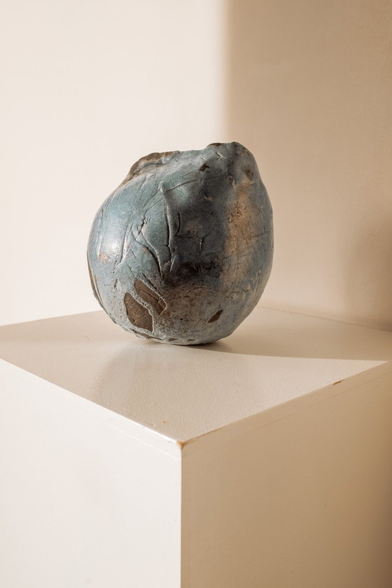 Image 1 of Handgemaakte Vintage Blauwe Keramieken Vaas