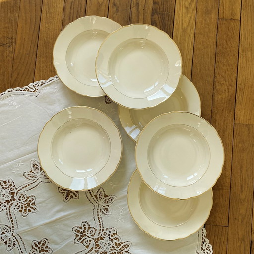 Set van 6 Beige en Verguld Antiek Aardewerk Soepborden Villeroy Et Boch