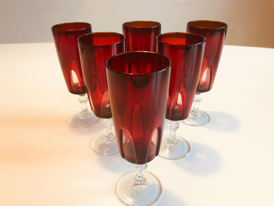 Image 1 of 6X Vintage Cristal D'Arques Luminarc Ruby Red Champagneglazen