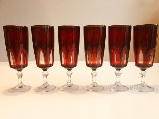 Image 1 of 6X Vintage Cristal D'Arques Luminarc Ruby Red Champagneglazen