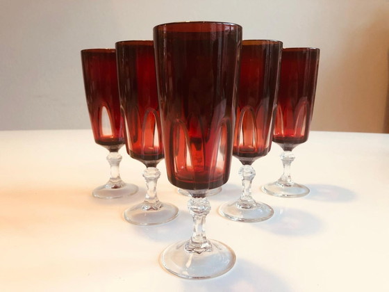 Image 1 of 6X Vintage Cristal D'Arques Luminarc Ruby Red Champagneglazen