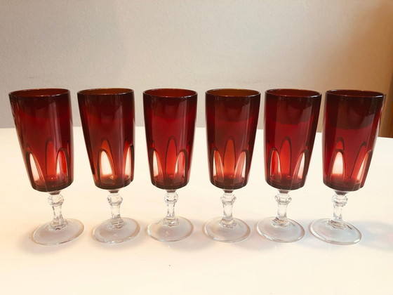 Image 1 of 6X Vintage Cristal D'Arques Luminarc Ruby Red Champagneglazen