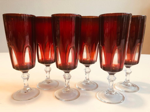 6X Vintage Cristal D'Arques Luminarc Ruby Red Champagneglazen