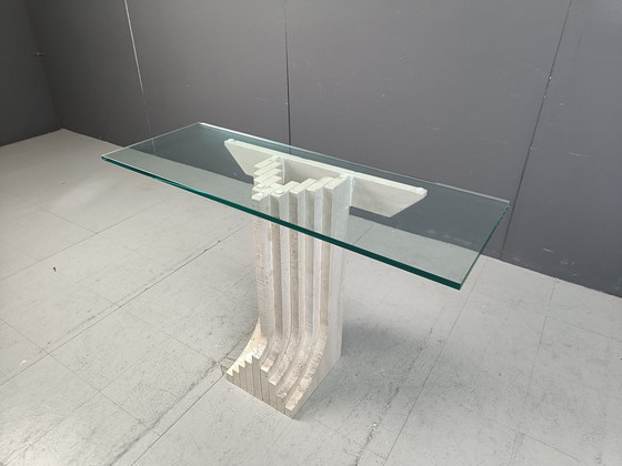 Image 1 of Vintage travertijnen consoletafel op de wijze van Carlo Scarpa, 1970S