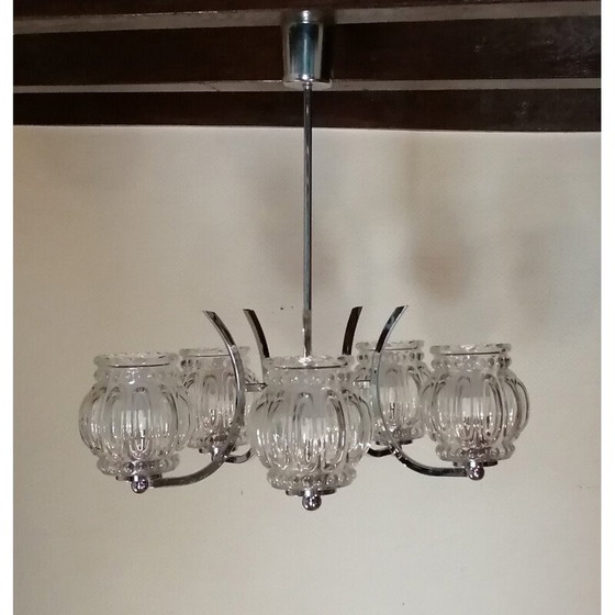 Image 1 of Vintage verchroomd metalen en glazen hanglamp, 1970