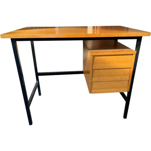 Vintage bureau in eikenfineer en zwartgelakte stalen structuur