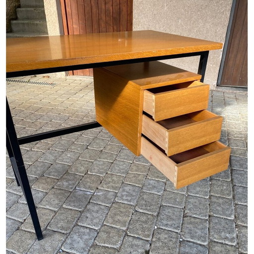 Vintage bureau in eikenfineer en zwartgelakte stalen structuur