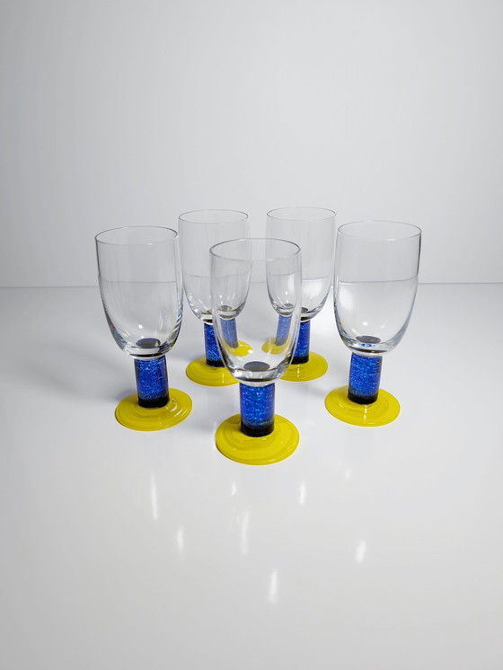 Image 1 of 5 vintage glazen Memphis Milano wijnbekers glas groen blauw postmodern Sottsass