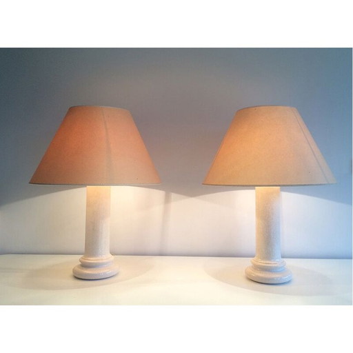Paar vintage Franse lampen in beige keramiek, 1970