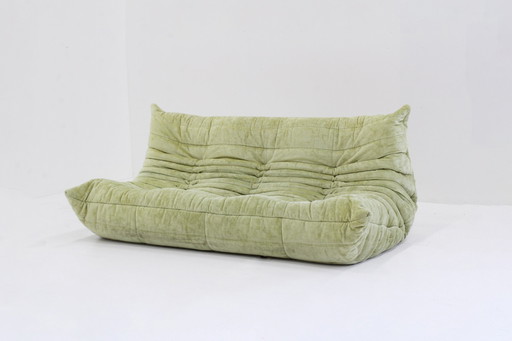 Vintage Togo Ligne Roset 3 Zits Sofa Groen Velours