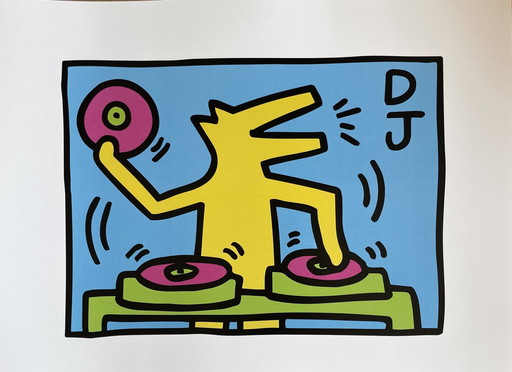 Keith Haring (1958-1990), Zonder titel (Dj) 1983, gelicentieerd door Artestar Ny, gedrukt in Groot-Brittannië.