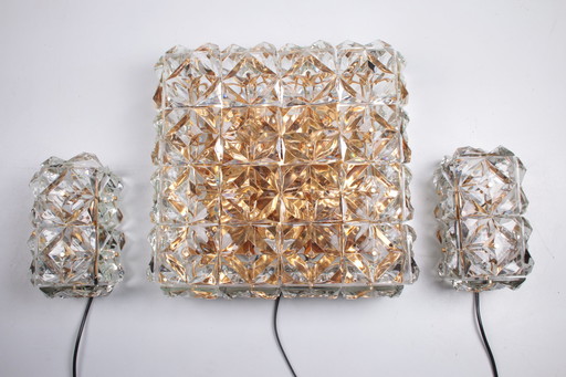 Large Gold-Plated & Crystal Glass Flush Mount Light from Kinkeldey, 1970s