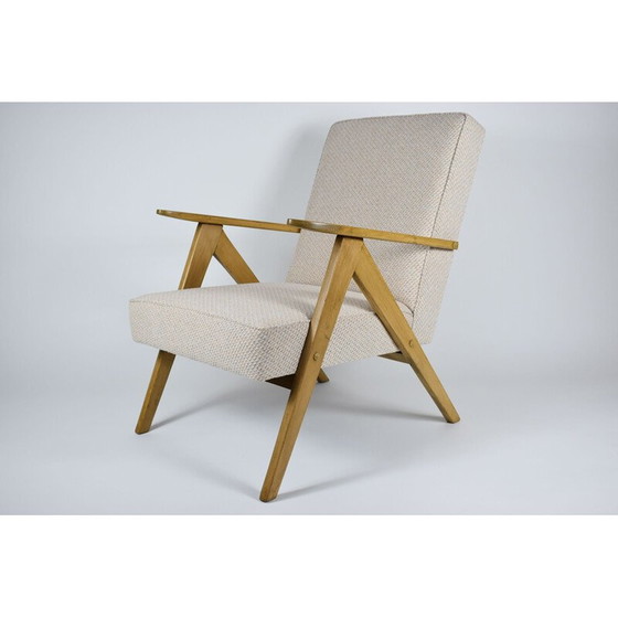 Image 1 of Vintage gepolijste fauteuil B-310 VAR beige met bronzen stof, eikenhout 1960
