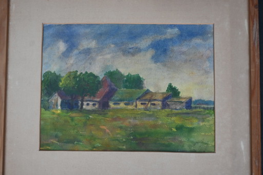 Willy Bleys aquarel, boerderij in polder