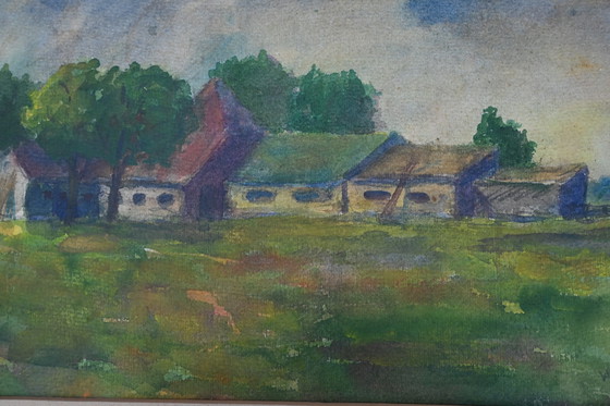 Image 1 of Willy Bleys aquarel, boerderij in polder