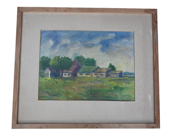 Image 1 of Willy Bleys aquarel, boerderij in polder