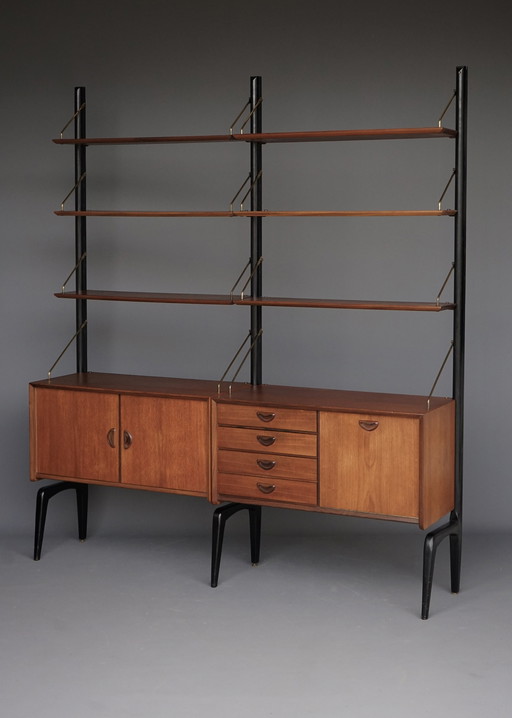 Modulaire wandkast in teakhout van Louis Van Teffellen voor Wébé. 1950S