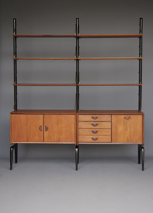 Modulaire wandkast in teakhout van Louis Van Teffellen voor Wébé. 1950S