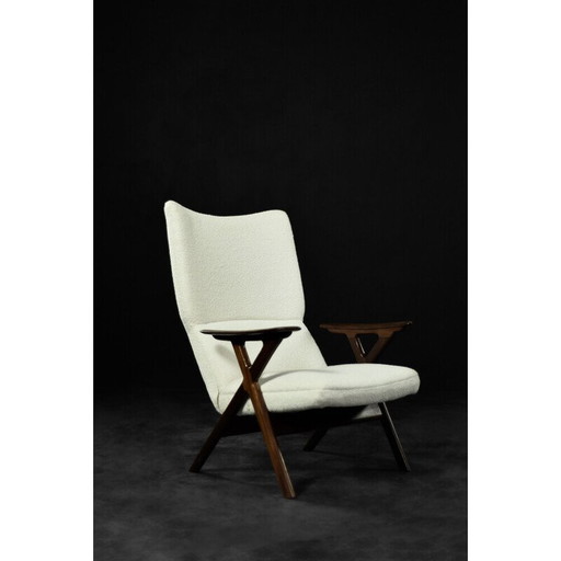 Vintage fauteuil in teak en witte Boucle stof, Noorwegen 1960