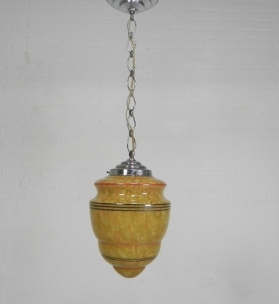 Image 1 of Art Deco hanglamp met gemarmerde glazen kap