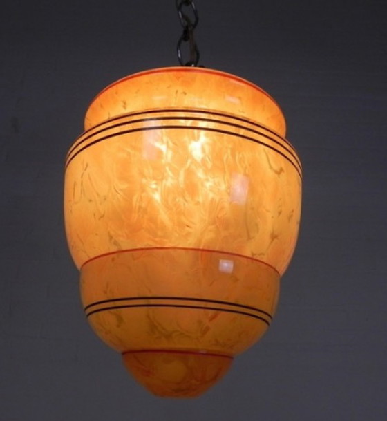 Image 1 of Art Deco hanglamp met gemarmerde glazen kap