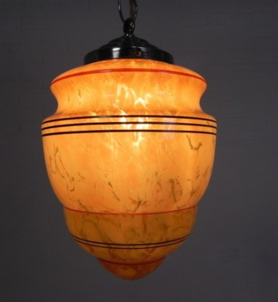 Image 1 of Art Deco hanglamp met gemarmerde glazen kap