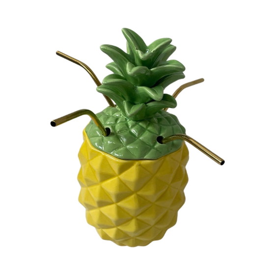Image 1 of Vintage - Keramische Tiki mok - Ananas vorm - Inclusief 4 nieuwe koperen rietjes