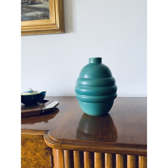 Image 1 of Turquoise aardewerk vintage art deco vaas, Frankrijk 1940
