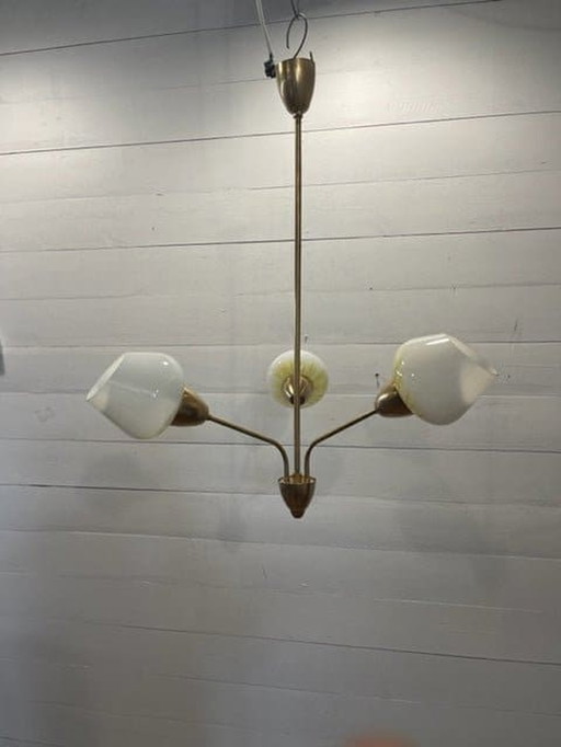 Vintage hanglamp ArtDeco 3xarm wit/geel glas koper