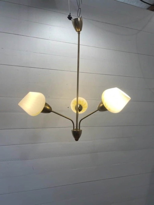 Vintage hanglamp ArtDeco 3xarm wit/geel glas koper