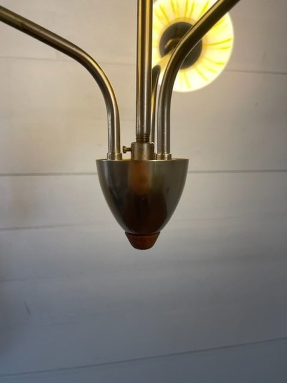 Image 1 of Vintage hanglamp ArtDeco 3xarm wit/geel glas koper