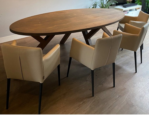 DDfor Eettafel Ovaal Met Label Eetkamerstoelen (8X) Offwhite Leer Op Wengé Eikenhouten Pootjes