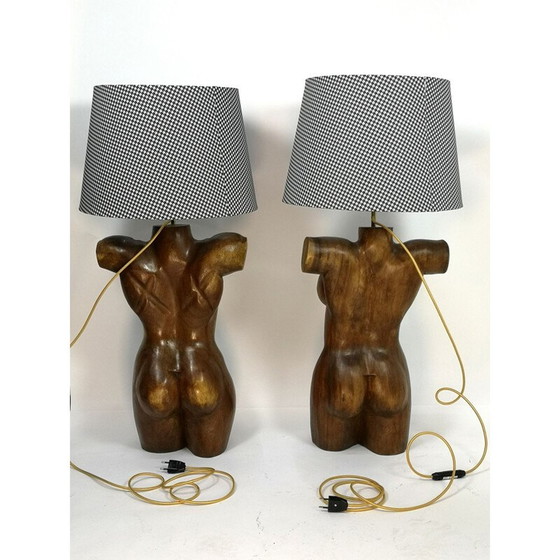 Image 1 of Paar vintage handgesneden massief houten torso lampen, 1970