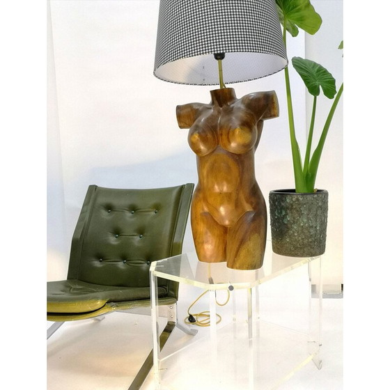 Image 1 of Paar vintage handgesneden massief houten torso lampen, 1970