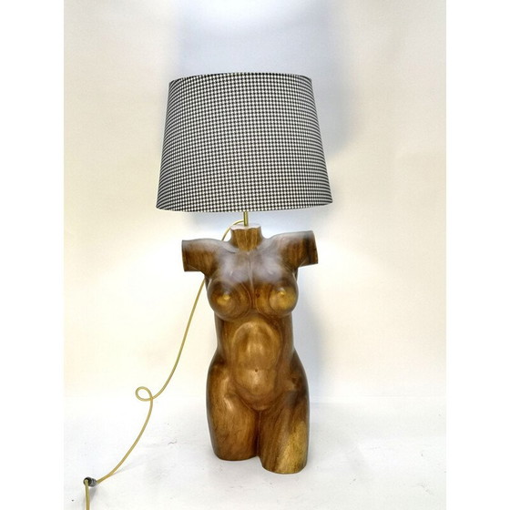 Image 1 of Paar vintage handgesneden massief houten torso lampen, 1970