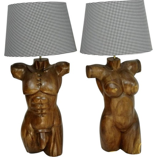Paar vintage handgesneden massief houten torso lampen, 1970
