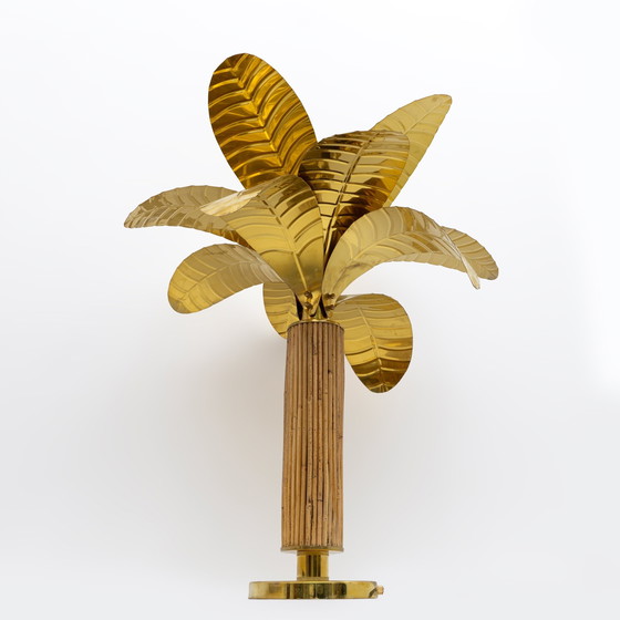 Image 1 of Paar Mid Century Moderne Italiaanse palmboomlampen van messing en rotan, 1970S