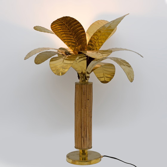 Image 1 of Paar Mid Century Moderne Italiaanse palmboomlampen van messing en rotan, 1970S