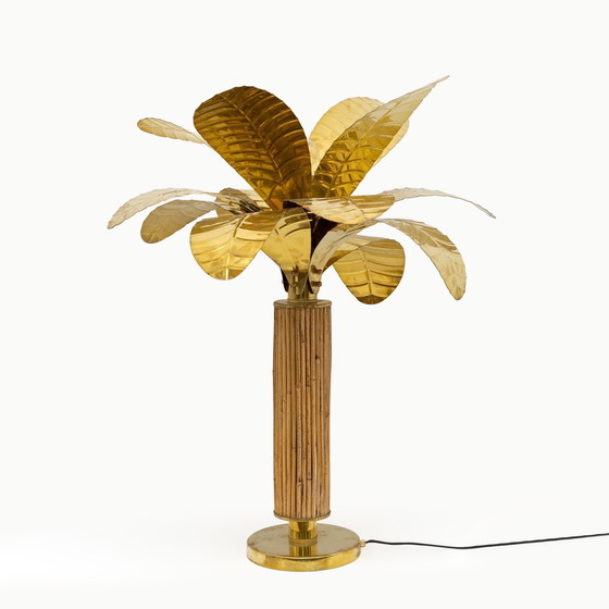 Image 1 of Paar Mid Century Moderne Italiaanse palmboomlampen van messing en rotan, 1970S