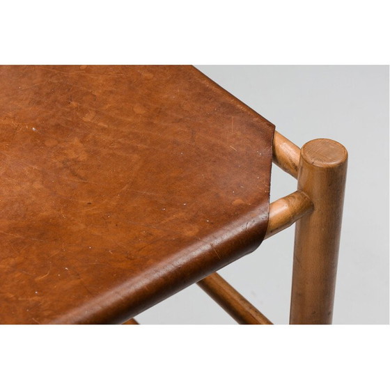 Image 1 of Vintage houten & leren barkruk, Frankrijk 1950