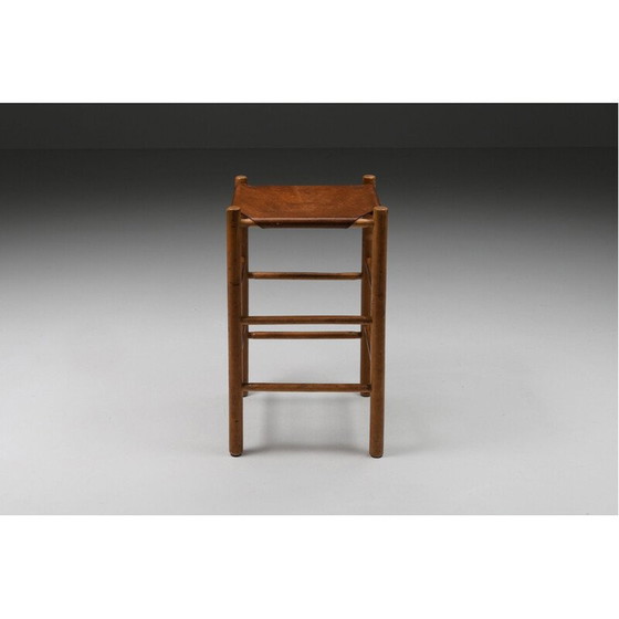 Image 1 of Vintage houten & leren barkruk, Frankrijk 1950