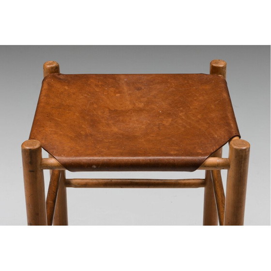 Image 1 of Vintage houten & leren barkruk, Frankrijk 1950